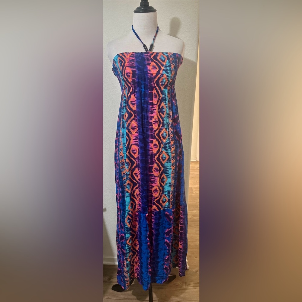 Tropiko By Kultura Womens OS Summer Sundress Midi Stretch Tie Neck Multicolored